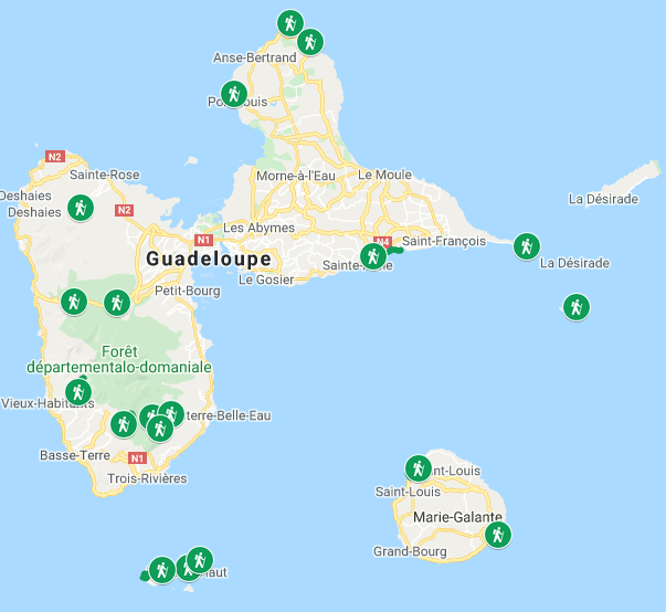 Carte des randonnées à découvrir lors d'un voyage en Guadeloupe